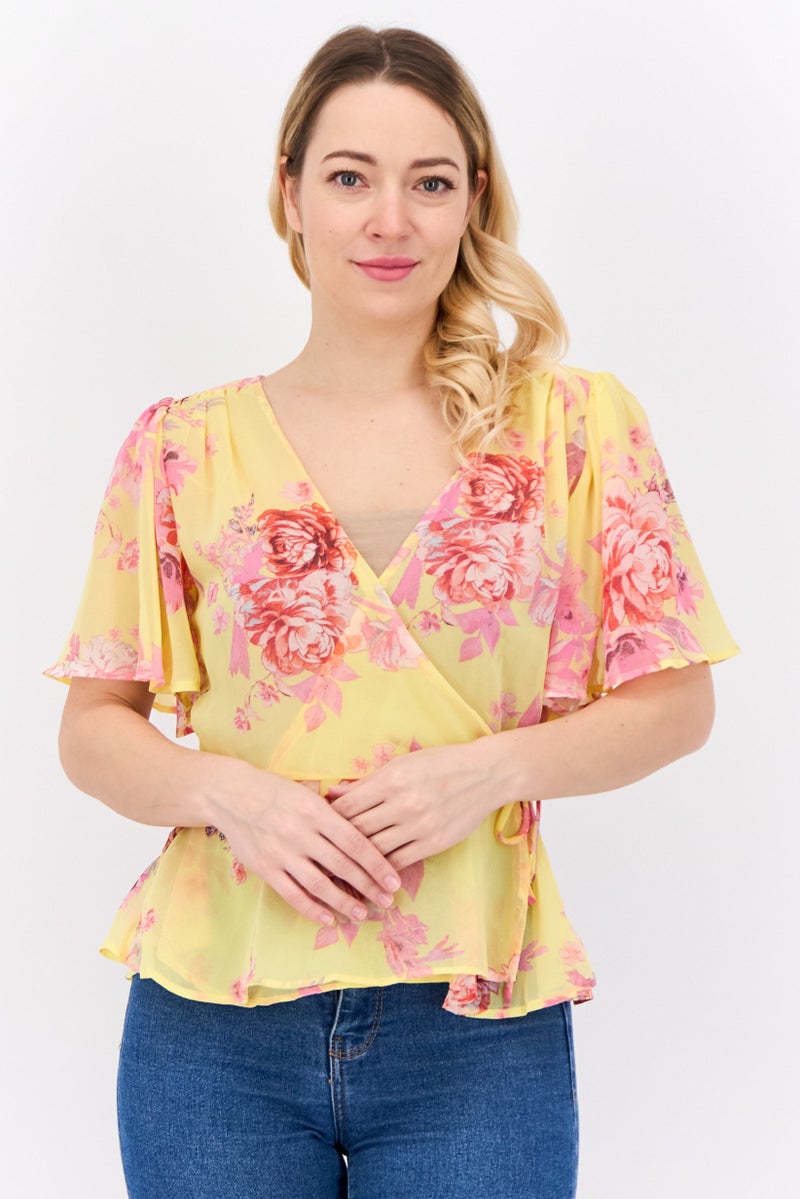 MANGO Women Surplice Neck Short Sleeves Floral Print Blouse, Yellow - Image 1