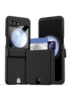 Compatible with Galaxy Z Flip 5 Case, with Hinge Protection Card Holder & Screen Protector, Hard PC TPU Anti-Slip Shockproof Protective Case, Full Body Shockproof Shell Cover