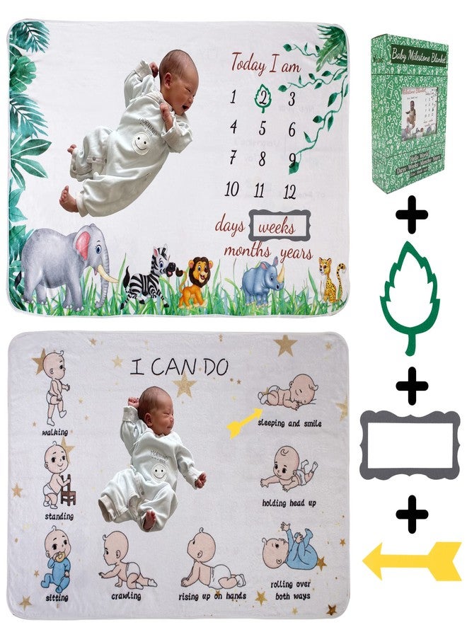 vmaisi Baby Milestone Blanket Gifts - Newborn Boy & Girl Monthly Year Infant Growth Blankets Nursery Swaddling Blankets (Green Animals - Baby, Double Printed) - Image 1