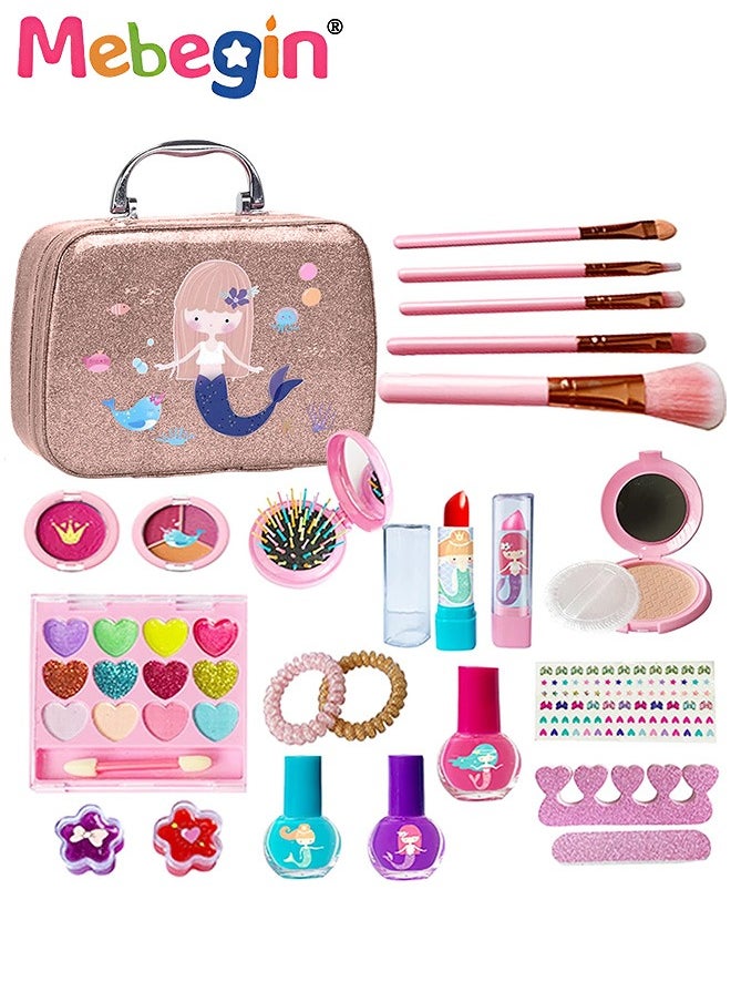 MEBEGIN Girls Makeup Kit with Storage Case, Washable Cosmetic Set, Pretend Makeup Beauty Set with 9 Color Eyeshadow Compact, Pressed Powder, 5 Makeup Brushes and Other Accessaries, Made from Non-toxic Water-soluble Gentle Ingredients on Delicate Skin, Ideal Gift for Girls  - Image 2