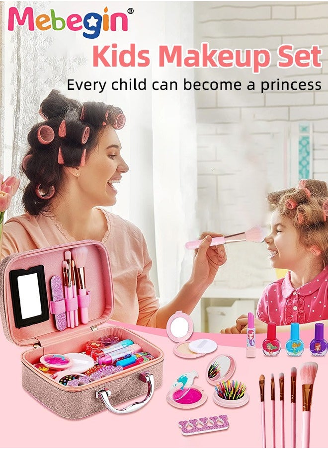 MEBEGIN Girls Makeup Kit with Storage Case, Washable Cosmetic Set, Pretend Makeup Beauty Set with 9 Color Eyeshadow Compact, Pressed Powder, 5 Makeup Brushes and Other Accessaries, Made from Non-toxic Water-soluble Gentle Ingredients on Delicate Skin, Ideal Gift for Girls  - Image 3