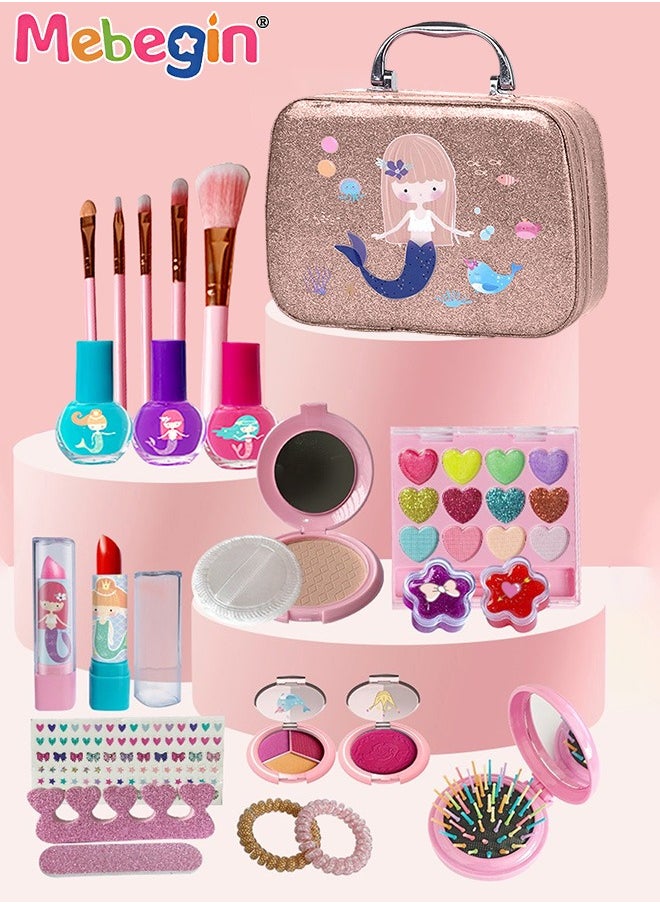 MEBEGIN Girls Makeup Kit with Storage Case, Washable Cosmetic Set, Pretend Makeup Beauty Set with 9 Color Eyeshadow Compact, Pressed Powder, 5 Makeup Brushes and Other Accessaries, Made from Non-toxic Water-soluble Gentle Ingredients on Delicate Skin, Ideal Gift for Girls  - Image 1