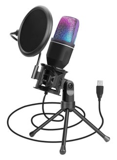 PC Gaming USB Microphone, RGB Computer Mic for Professional Recording, Built-in Professional Sound Set, Podcast Mic with Tripod and Noise Reduction Filter for Singing, Streaming, Gamer, Online Chat