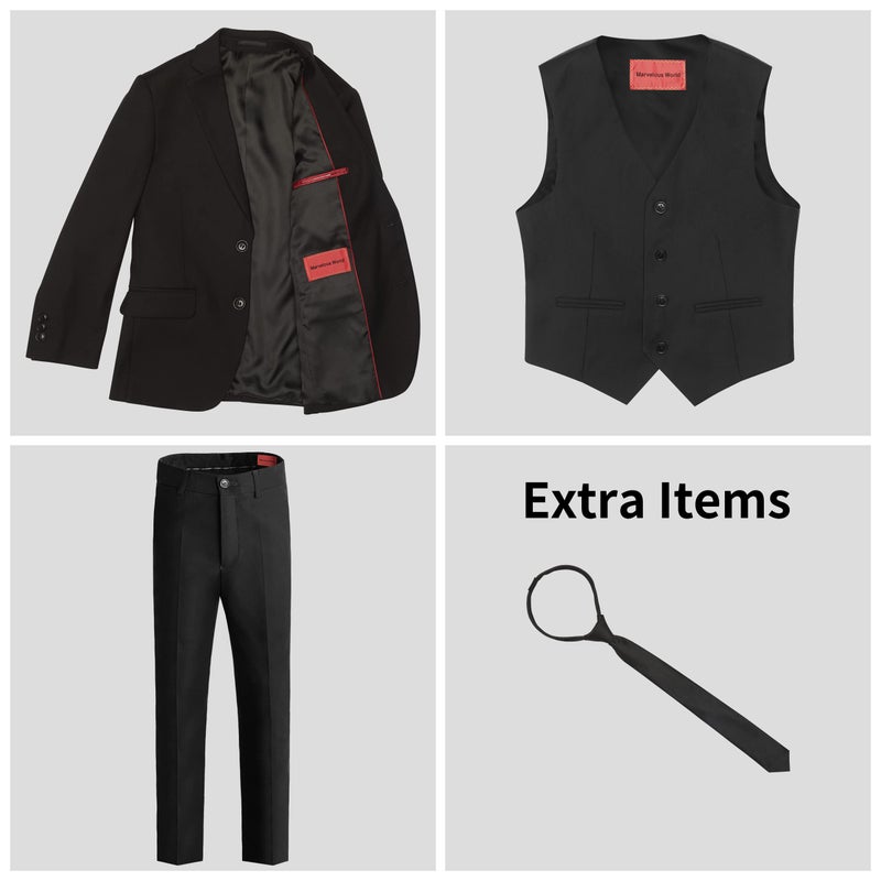 Marvelous World Boys Black Slim Fit 3-Piece Suit Set - Formal Dresswear for Kids, Toddler Tuxedo, Ring Bearer Outfit, Wedding Dress Clothes for Teen Youth - Size 12, Adjustable Waist - Image 3