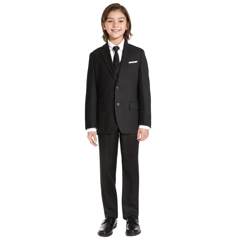 Marvelous World Boys Black Slim Fit 3-Piece Suit Set - Formal Dresswear for Kids, Toddler Tuxedo, Ring Bearer Outfit, Wedding Dress Clothes for Teen Youth - Size 12, Adjustable Waist - Image 2