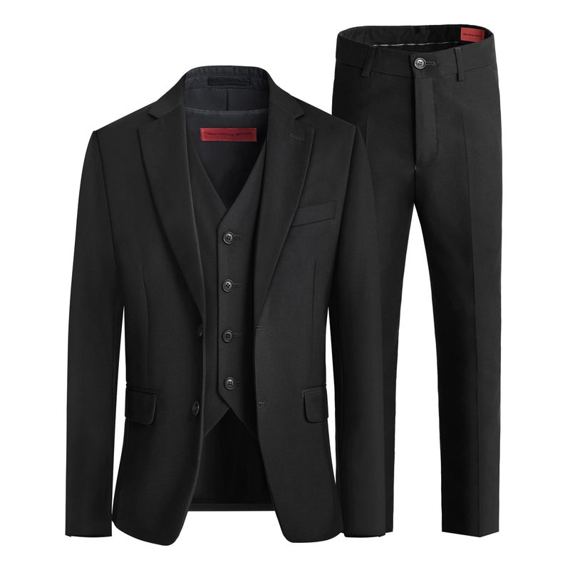 Marvelous World Boys Black Slim Fit 3-Piece Suit Set - Formal Dresswear for Kids, Toddler Tuxedo, Ring Bearer Outfit, Wedding Dress Clothes for Teen Youth - Size 12, Adjustable Waist - Image 1