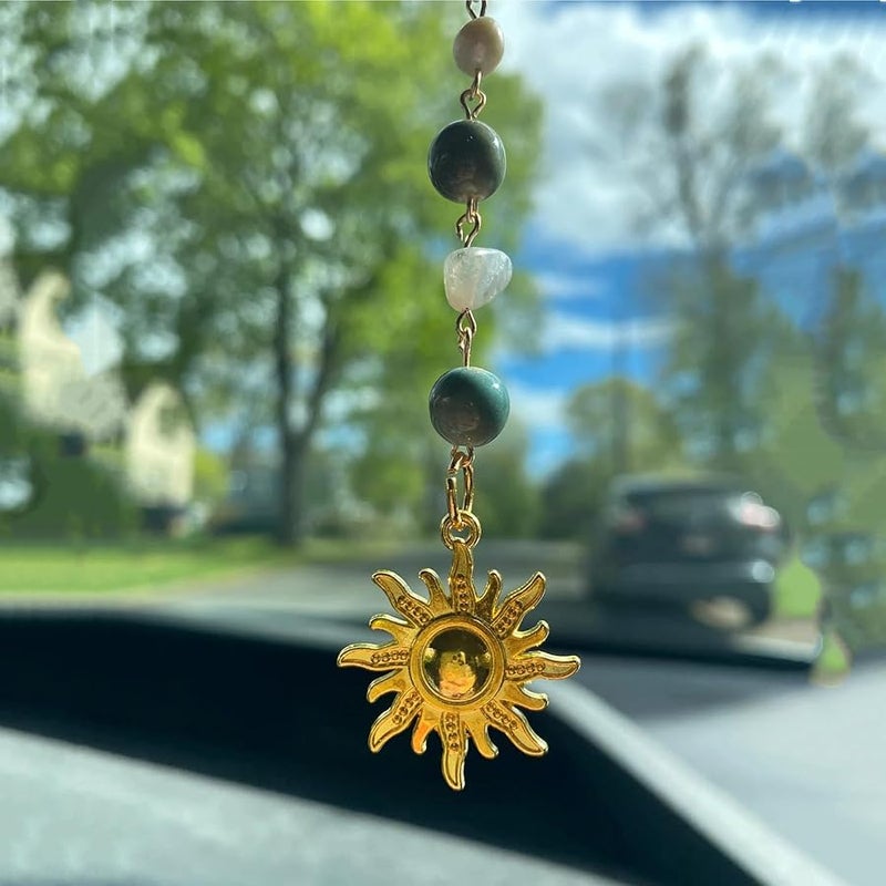 YTYAB Sun Hanging Car Charm,Green and Gold Rear View Mirror Accessories Cute Boho Dangling Sun Car Decor Handmade Healing Crystals Stones Ornament Gifts for Women Men (Green) - Image 4