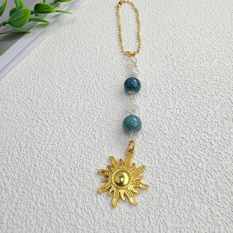 YTYAB Sun Hanging Car Charm,Green and Gold Rear View Mirror Accessories Cute Boho Dangling Sun Car Decor Handmade Healing Crystals Stones Ornament Gifts for Women Men (Green) - Image 5