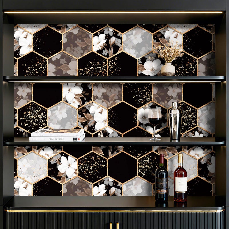 ReWallpaper Geometric Peel and Stick Wallpaper Black and White Floral Hexagon Wallpaper Removable Waterproof Gold Geometric Contact Paper for Cabinets Shelf Kitchen Bedroom Living Room 17.5in x 10ft - Image 4