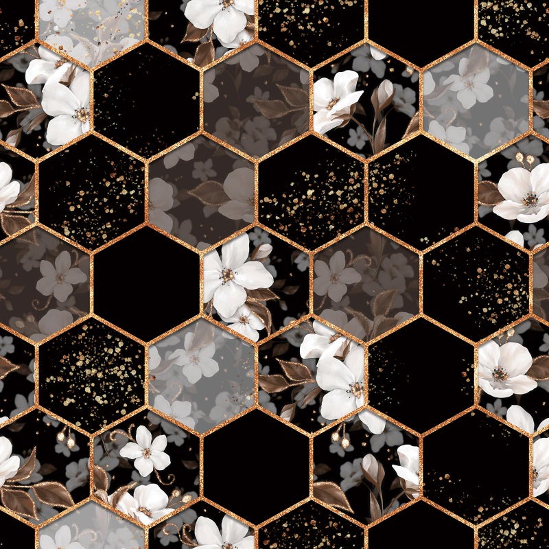 ReWallpaper Geometric Peel and Stick Wallpaper Black and White Floral Hexagon Wallpaper Removable Waterproof Gold Geometric Contact Paper for Cabinets Shelf Kitchen Bedroom Living Room 17.5in x 10ft - Image 1