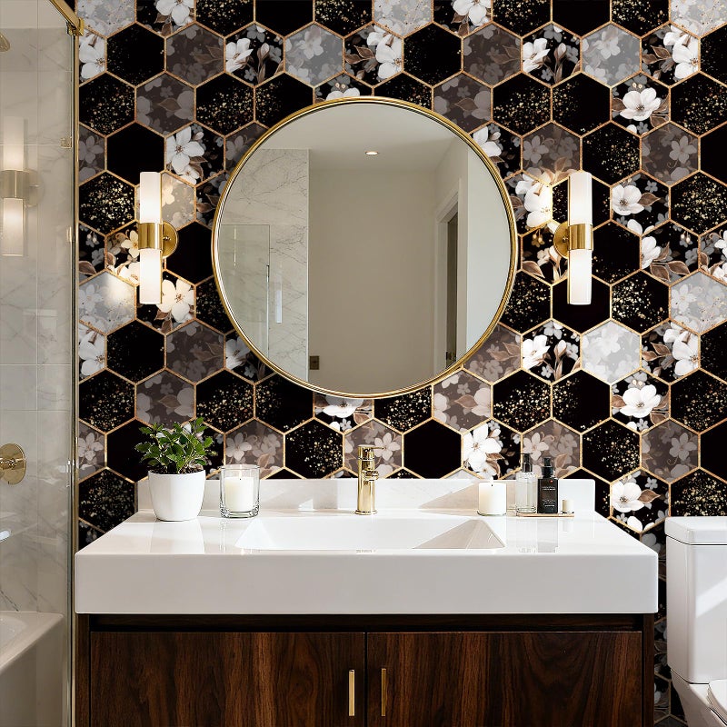ReWallpaper Geometric Peel and Stick Wallpaper Black and White Floral Hexagon Wallpaper Removable Waterproof Gold Geometric Contact Paper for Cabinets Shelf Kitchen Bedroom Living Room 17.5in x 10ft - Image 5
