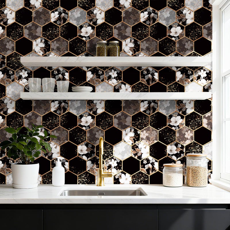 ReWallpaper Geometric Peel and Stick Wallpaper Black and White Floral Hexagon Wallpaper Removable Waterproof Gold Geometric Contact Paper for Cabinets Shelf Kitchen Bedroom Living Room 17.5in x 10ft - Image 2