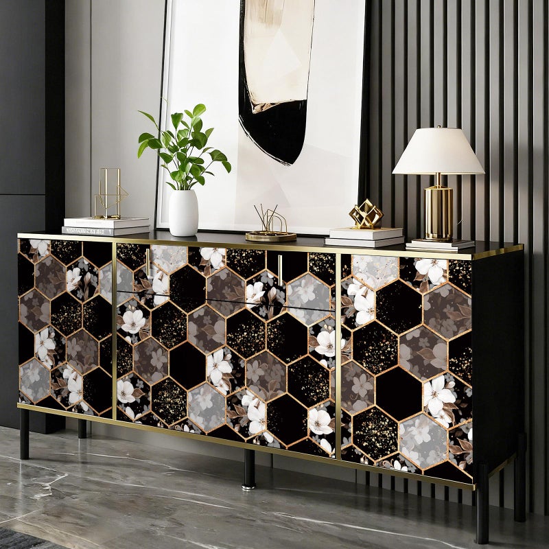 ReWallpaper Geometric Peel and Stick Wallpaper Black and White Floral Hexagon Wallpaper Removable Waterproof Gold Geometric Contact Paper for Cabinets Shelf Kitchen Bedroom Living Room 17.5in x 10ft - Image 3