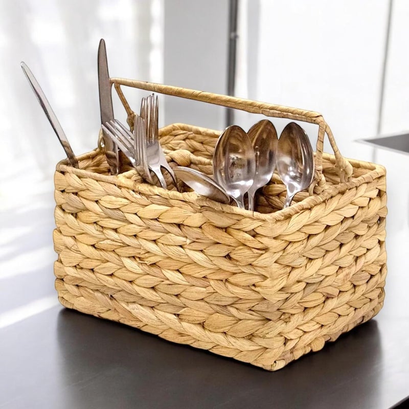 MadeTerra Large Wicker Utensil Caddy Carrier  Water hyacinth Woven Condiment Holder for Table  Kitchen Set Counter Top Organizer  Rustic Small Storage for Dinner Set Wine - Image 4