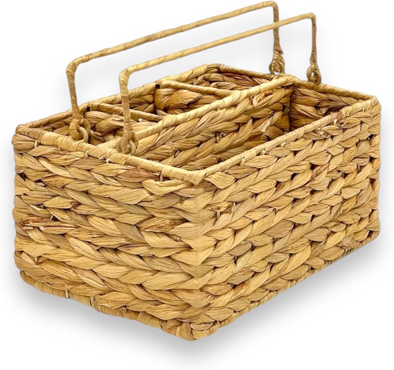 MadeTerra Large Wicker Utensil Caddy Carrier  Water hyacinth Woven Condiment Holder for Table  Kitchen Set Counter Top Organizer  Rustic Small Storage for Dinner Set Wine - Image 1
