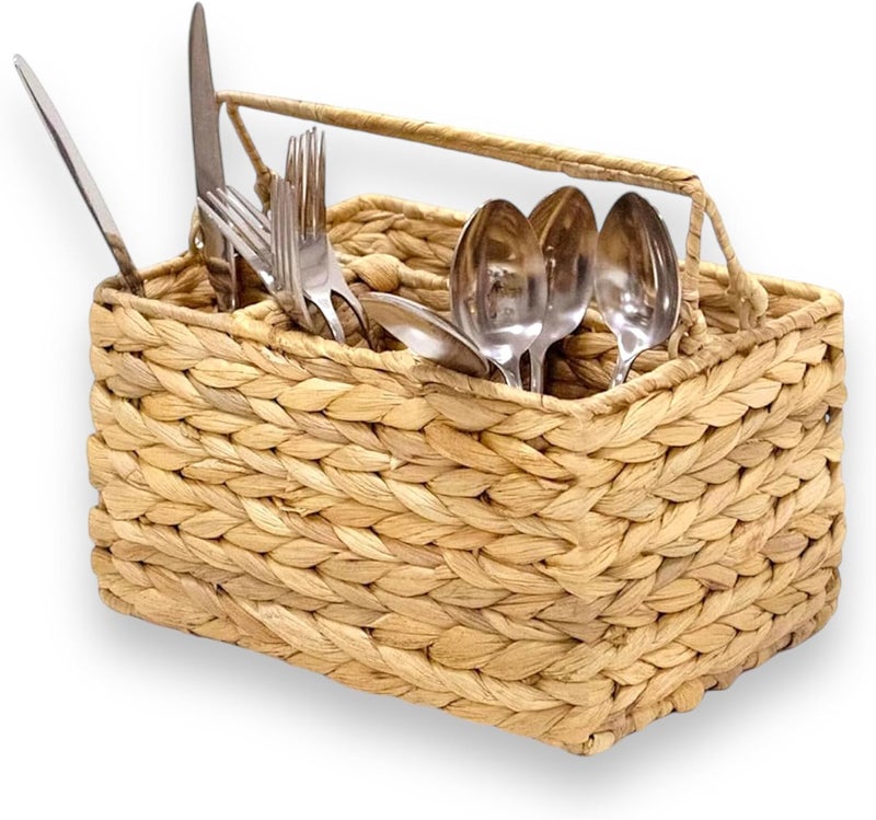 MadeTerra Large Wicker Utensil Caddy Carrier  Water hyacinth Woven Condiment Holder for Table  Kitchen Set Counter Top Organizer  Rustic Small Storage for Dinner Set Wine - Image 2