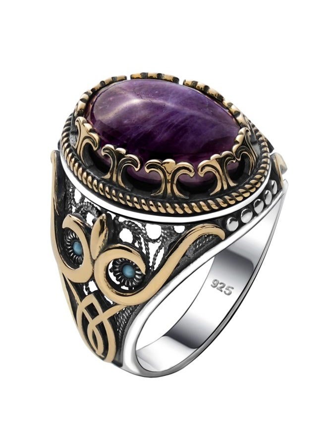 Alpha Rock Genuine Solid 925 Sterling Silver Accented with Bronze and Stone, Authentic Vintage Turkish Ottoman Style Ring for Men, Sterling Silver, Amethyst - Image 1