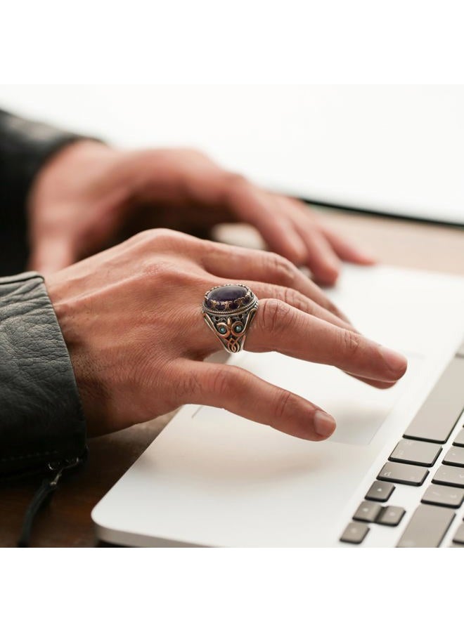 Alpha Rock Genuine Solid 925 Sterling Silver Accented with Bronze and Stone, Authentic Vintage Turkish Ottoman Style Ring for Men, Sterling Silver, Amethyst - Image 4
