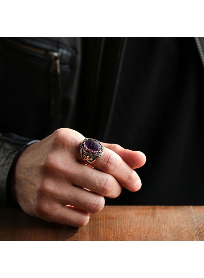 Alpha Rock Genuine Solid 925 Sterling Silver Accented with Bronze and Stone, Authentic Vintage Turkish Ottoman Style Ring for Men, Sterling Silver, Amethyst - Image 5