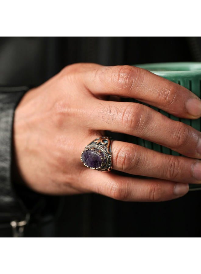 Alpha Rock Genuine Solid 925 Sterling Silver Accented with Bronze and Stone, Authentic Vintage Turkish Ottoman Style Ring for Men, Sterling Silver, Amethyst - Image 3