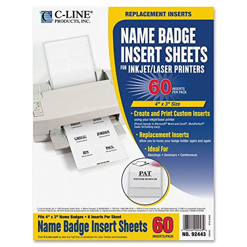 C-Line Replacement Inkjet/Laser Printer White Badge Inserts, 3 x 4 Inches, 6/Sheet, 10 Sheets, 60 Inserts per Pack (92443) - Image 1