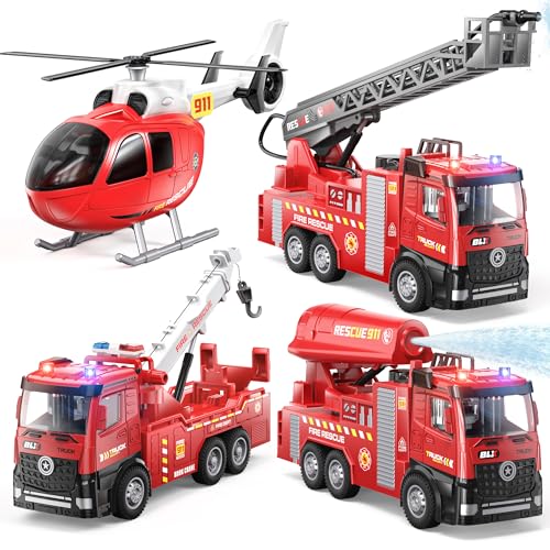 Vanvimen 4 PCS Fire Truck Toys Gifts for 2 3 4 5 Year Old Boys 9 Fire Toy Trucks With Light Sound Sprinkler Pump Include 1 Aircraft and 3 Rescue Fire Trucks Truck Toys for Boys Toddler 13 24 35 46 - Image 1