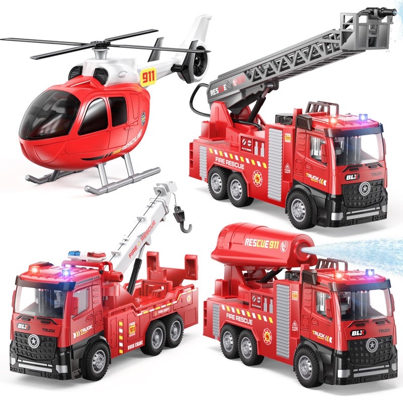 Vanvimen 4 PCS Fire Truck Toys Gifts for 2 3 4 5 Year Old Boys 9 Fire Toy Trucks With Light Sound Sprinkler Pump Include 1 Aircraft and 3 Rescue Fire Trucks Truck Toys for Boys Toddler 13 24 35 46 - Image 3