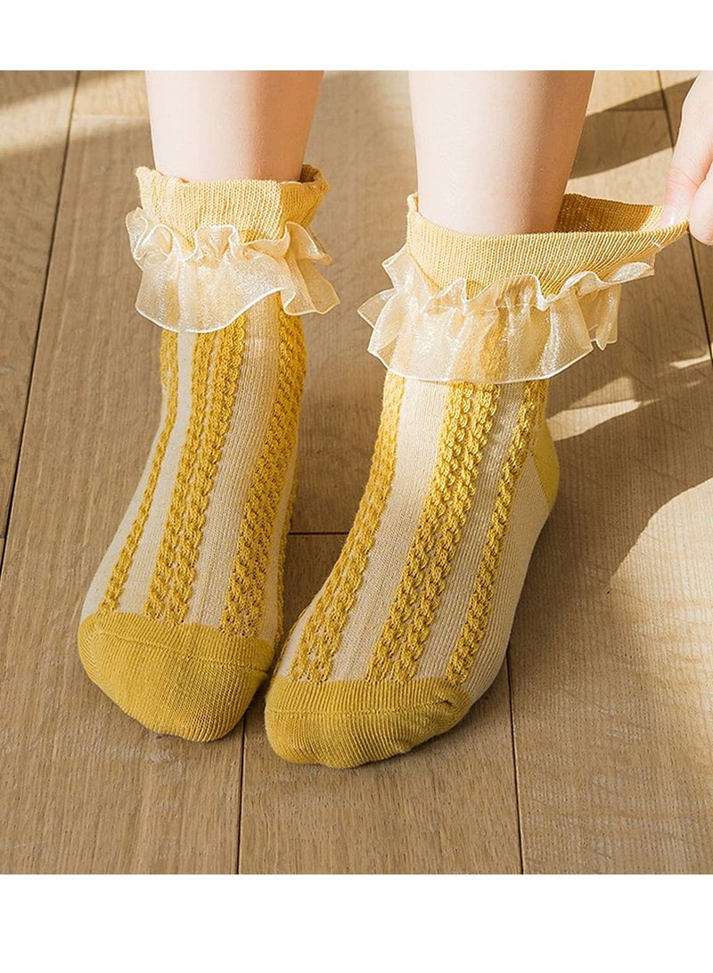 SOLARAE 6 Pairs Girls Lace Ruffle Cotton Frilly Ankle Socks Cotton White Princess Dance Dress Socks for Little/Big Kids 4-6Y (6 colors) - Image 3