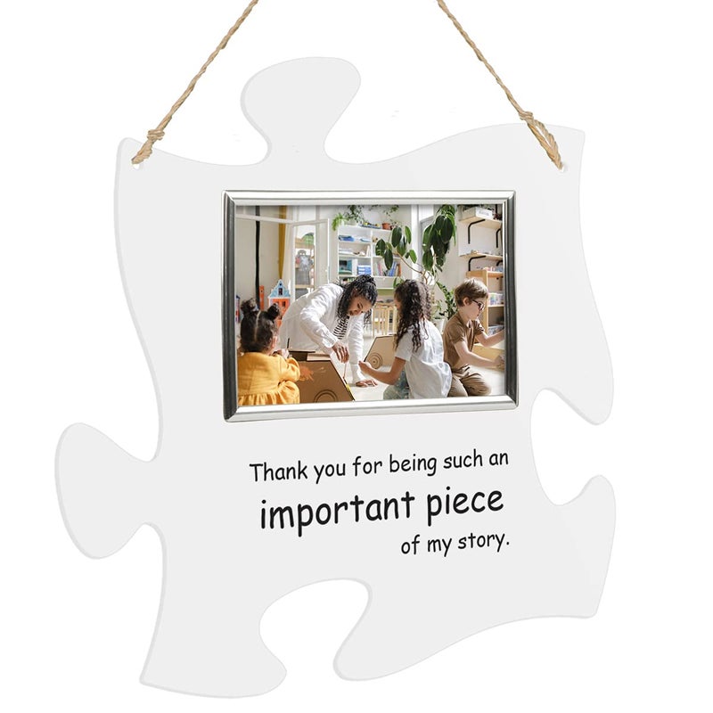PlaqueMaker Thank You For Being A Piece Of My Story  Hanging Modern Acrylic Puzzle Piece Sign with 6 x 4 Picture Frame  A Great Teacher Mentor Or Leader Gift Clear Acrylic with Silver Frame