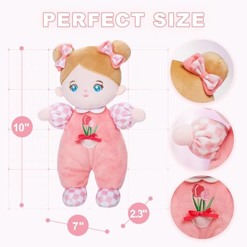 OUOZZZ Soft Baby Doll for 1+ Year Old Girl Gifts - Toys for 1+ Year Old Birthday Christmas Plush Gift for Toddler Adorable First Doll Tulip Pink 10" - Image 2