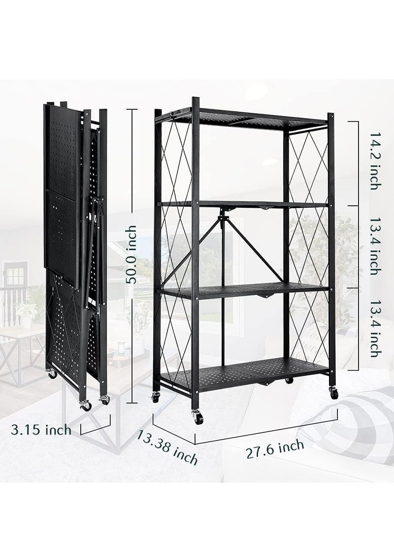 مخطوطات منظم تخزين قابل للطي متعدد الطبقات، وحدة رفوف تخزين معدنية شديدة التحمل مع عجلات، خزانة المطبخ، رف تخزين متعدد الأغراض لغرفة المعيشة وغرفة النوم والمطبخ (4 طبقات-أسود) - Image 2