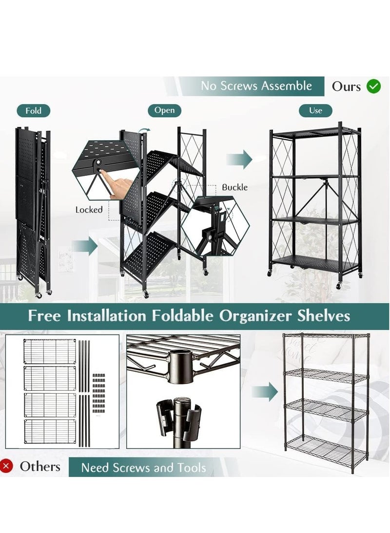 مخطوطات منظم تخزين قابل للطي متعدد الطبقات، وحدة رفوف تخزين معدنية شديدة التحمل مع عجلات، خزانة المطبخ، رف تخزين متعدد الأغراض لغرفة المعيشة وغرفة النوم والمطبخ (4 طبقات-أسود) - Image 3