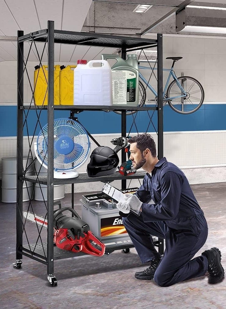 مخطوطات منظم تخزين قابل للطي متعدد الطبقات، وحدة رفوف تخزين معدنية شديدة التحمل مع عجلات، خزانة المطبخ، رف تخزين متعدد الأغراض لغرفة المعيشة وغرفة النوم والمطبخ (4 طبقات-أسود) - Image 4