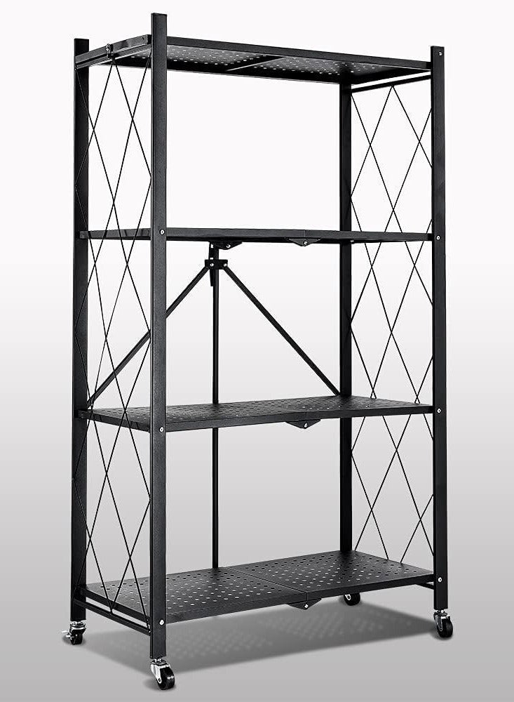 مخطوطات منظم تخزين قابل للطي متعدد الطبقات، وحدة رفوف تخزين معدنية شديدة التحمل مع عجلات، خزانة المطبخ، رف تخزين متعدد الأغراض لغرفة المعيشة وغرفة النوم والمطبخ (4 طبقات-أسود) - Image 1