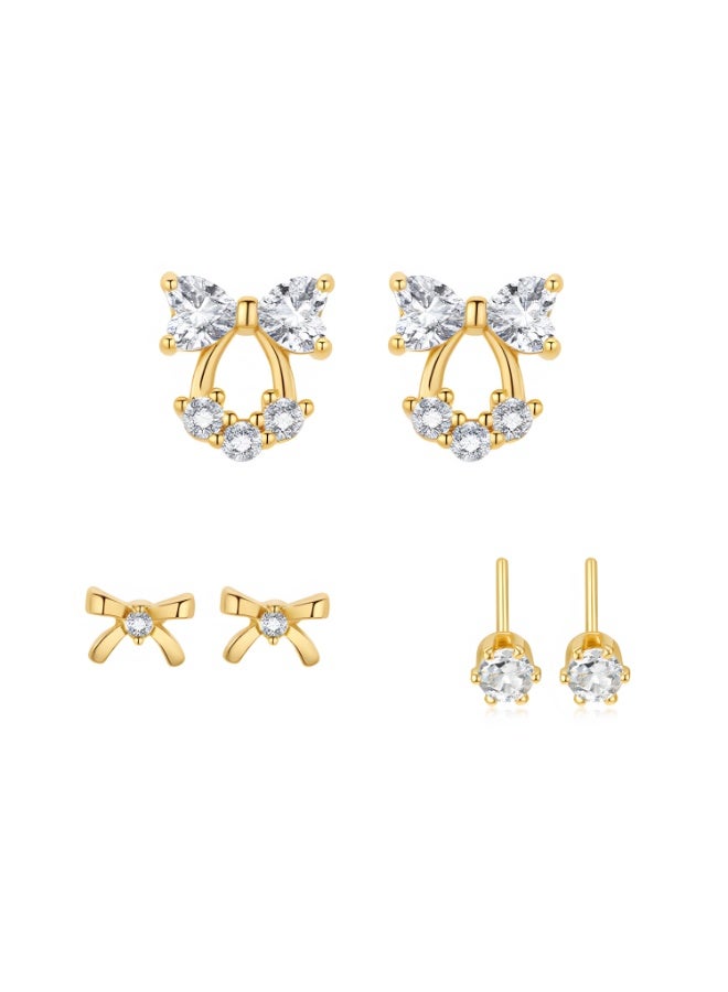 MTZ 3 Pairs Cubic Zirconia Stud Earrings Set for Women, Hypoallergenic Gold Plated Crystal Earrings, Dainty CZ Diamond Studs in Various Sizes, Sensitive Ear Friendly Jewelry Gift Box - Image 1