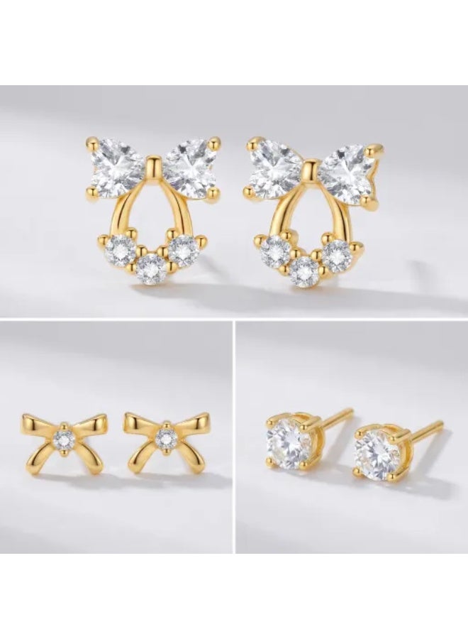 MTZ 3 Pairs Cubic Zirconia Stud Earrings Set for Women, Hypoallergenic Gold Plated Crystal Earrings, Dainty CZ Diamond Studs in Various Sizes, Sensitive Ear Friendly Jewelry Gift Box - Image 3