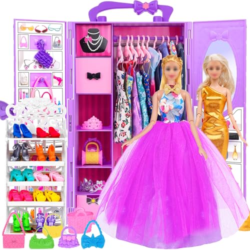 ebuddy 115 inch Doll and Doll Accessories 101 Pcs Doll Closet Playest Including Shoes RackDressShoes Hangers Accessories - Image 1