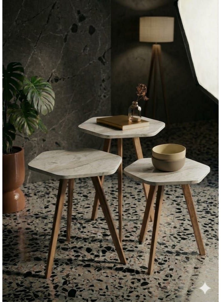 Wooden table set with a marble-effect finish