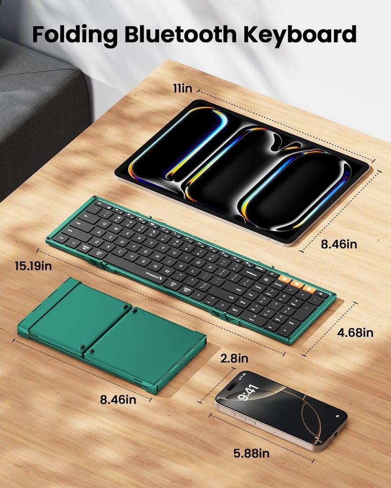 ProtoArc Foldable Bluetooth Keyboard, XK01 Folding Wireless Portable Keyboard with Number Pad, Full-Size Travel Keyboards for Windows iOS Android Tablet Smartphone Laptop PC - Dark Green - Image 4