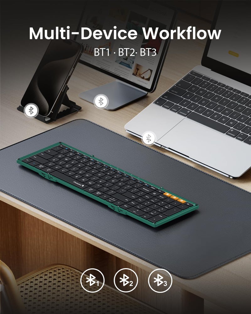 ProtoArc Foldable Bluetooth Keyboard, XK01 Folding Wireless Portable Keyboard with Number Pad, Full-Size Travel Keyboards for Windows iOS Android Tablet Smartphone Laptop PC - Dark Green - Image 3