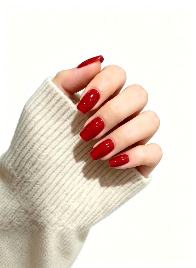 finlochee. Cherry Red Press On Nails Short Coffin Shape Glossy Artificial Nails Set Full Cover Reusable Solid Glue Stick On Nails Soft Gel Acrylic Style Elegant Luxury Nails for Women Wedding Party Office Salon Look - Image 1
