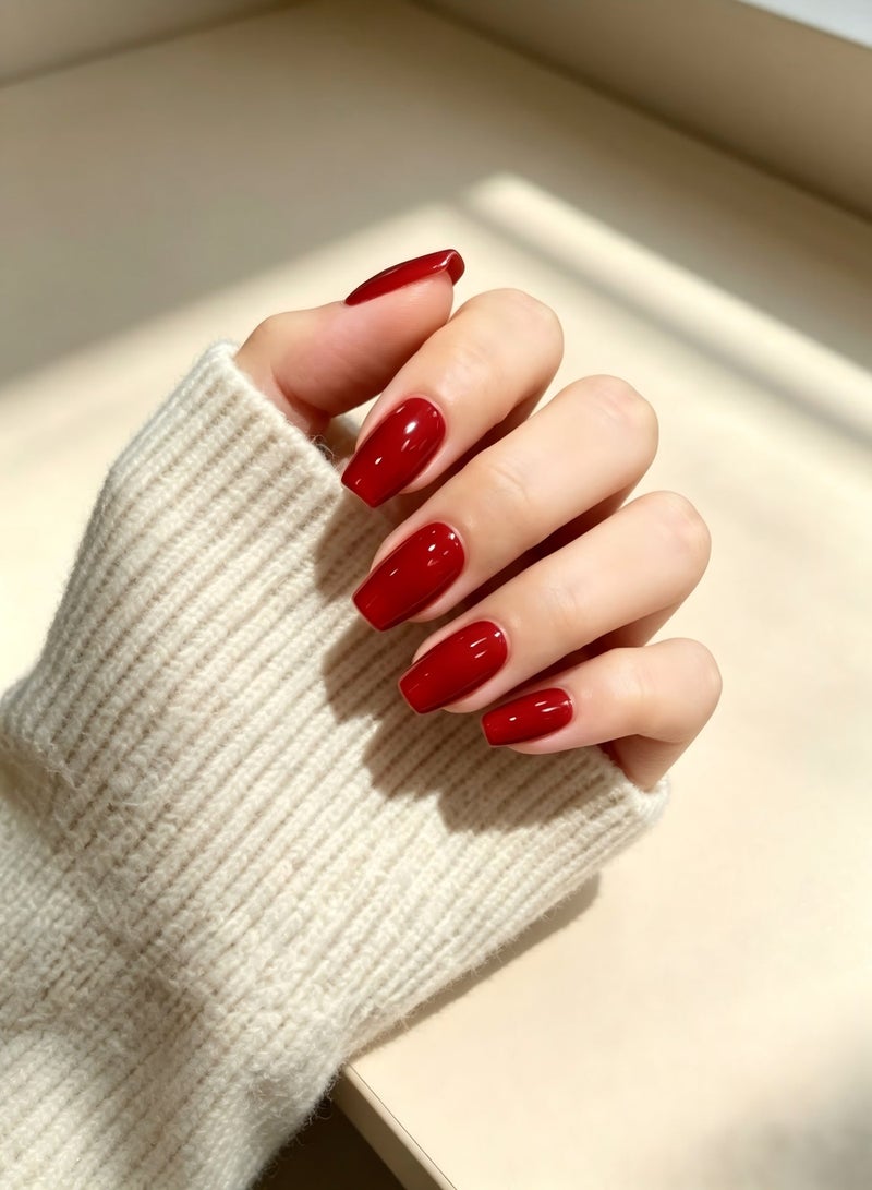 finlochee. Cherry Red Press On Nails Short Coffin Shape Glossy Artificial Nails Set Full Cover Reusable Solid Glue Stick On Nails Soft Gel Acrylic Style Elegant Luxury Nails for Women Wedding Party Office Salon Look - Image 2