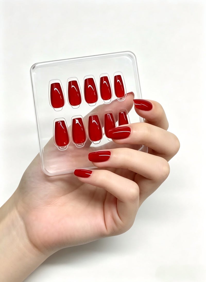 finlochee. Cherry Red Press On Nails Short Coffin Shape Glossy Artificial Nails Set Full Cover Reusable Solid Glue Stick On Nails Soft Gel Acrylic Style Elegant Luxury Nails for Women Wedding Party Office Salon Look - Image 3
