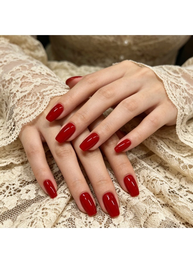 finlochee. Cherry Red Press On Nails Short Coffin Shape Glossy Artificial Nails Set Full Cover Reusable Solid Glue Stick On Nails Soft Gel Acrylic Style Elegant Luxury Nails for Women Wedding Party Office Salon Look - Image 5