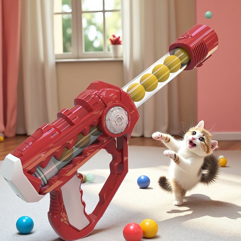 Red 22 Ball Interactive Cat Toy Set with Launcher and Puffballs - Image 3
