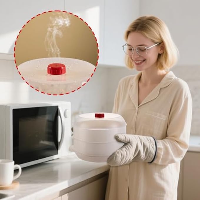 جهاز طهي بالبخار، جهاز طهي بالبخار مزدوج الطبقات للخضراوات، أدوات طهي مطبخ الميكروويف للزلابية والأسماك والخضروات ودقيق الشوفان وكعكة البخار المنزلية والشقق - Image 3