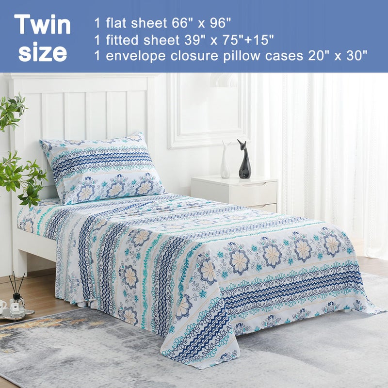 جي اس دي jsd Blue Boho ورقة طباعة مجموعة التوأم حجم 3 قطعة ألواح الألياف الدقيقة الناعمة - Image 2