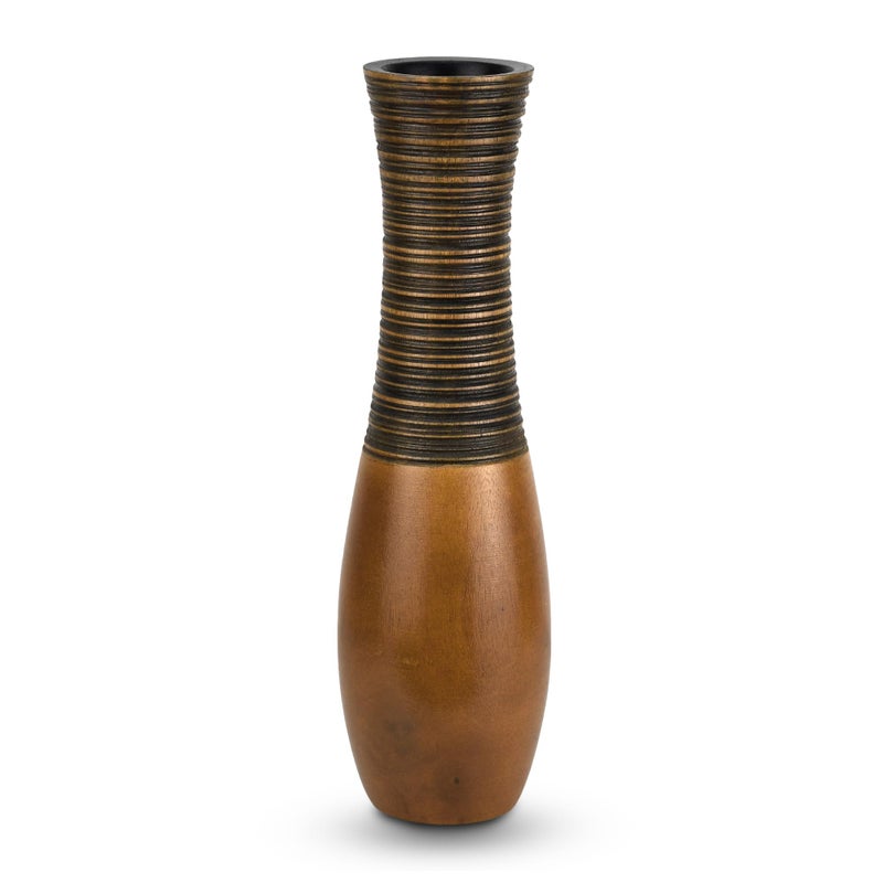 AeraVida Boho Carved Stripes Brown Mango Tree Wood Vase  14-inch - Image 1