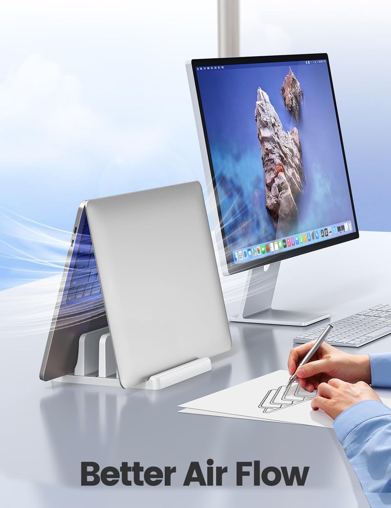 Vaydeer Vertical Laptop Stand for Desk, Dual Slots Plastic Laptop Holder Organizer with Space Saving 4-in-1 Design, Adjustable Laptop Stand Storage Supports MacBook, Chromebook, Surface, Dell (White) - Image 3