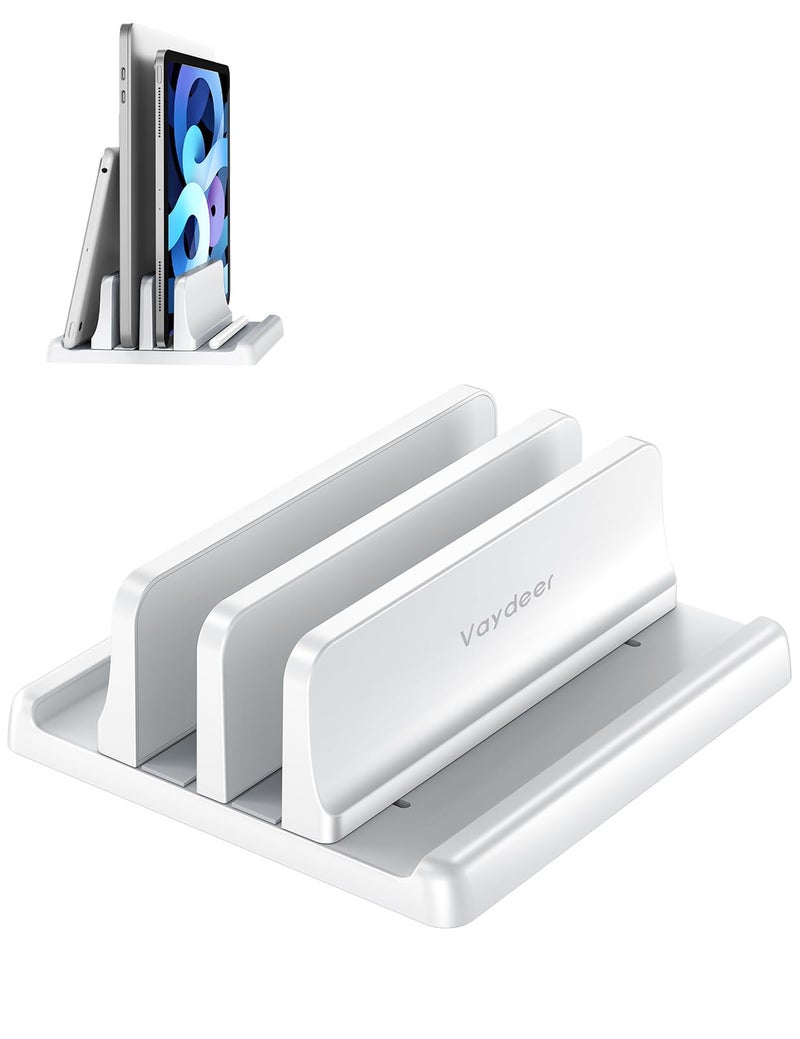 Vaydeer Vertical Laptop Stand for Desk, Dual Slots Plastic Laptop Holder Organizer with Space Saving 4-in-1 Design, Adjustable Laptop Stand Storage Supports MacBook, Chromebook, Surface, Dell (White) - Image 1
